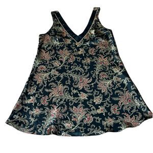 Vintage Black Satin Print Chemise,  Large